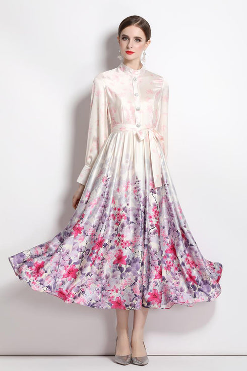 Glamorous Pink Vintage Silk Stand-Up Collar, Long Sleeve, Belted Renaissance Party, Wedding Guest, Festive Dress